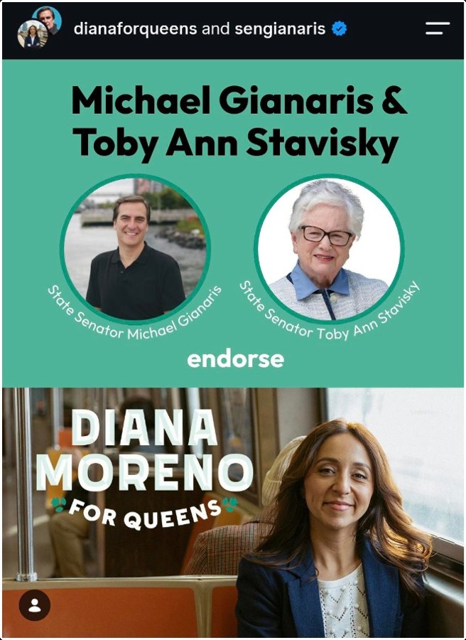 Moreno campaign graphic: State Senators Michael Gianaris and Toby Ann Stavisky endorse Diana Moreno for Queens